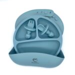 Silicone baby feeding set with suction plate, bib, spoon and fork