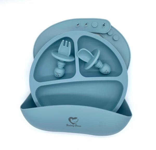 Silicone baby feeding set with suction plate, bib, spoon and fork