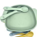 Kawaii dog suction plate with matching silicone baby spoon and fork