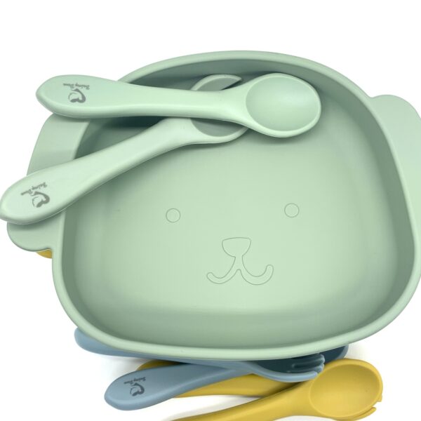 Kawaii dog suction plate with matching silicone baby spoon and fork