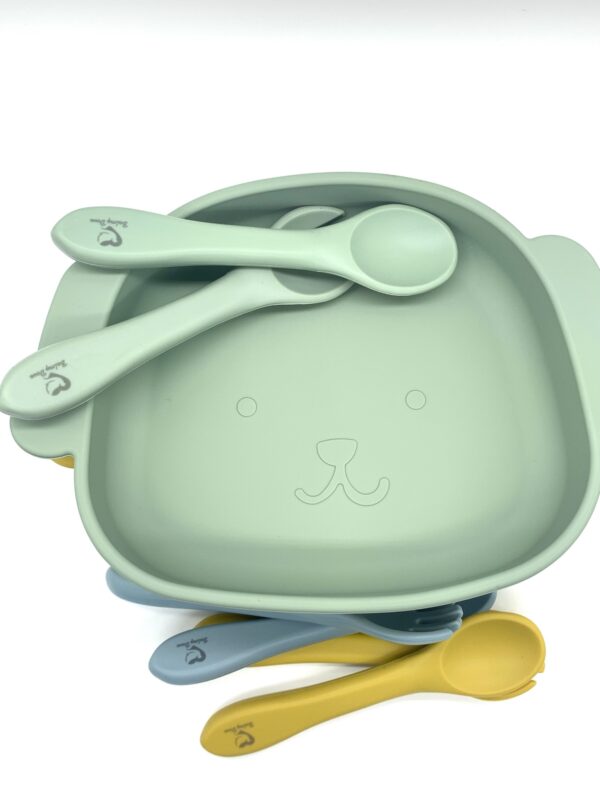 Kawaii dog suction plate with matching silicone baby spoon and fork