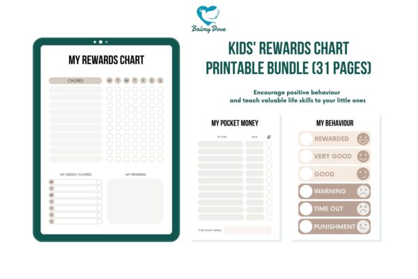 Kids' Rewards Chart | Printable Bundle 31 Pages | Daily Tasks, Screen Time Rewards, Chores and Responsibilities